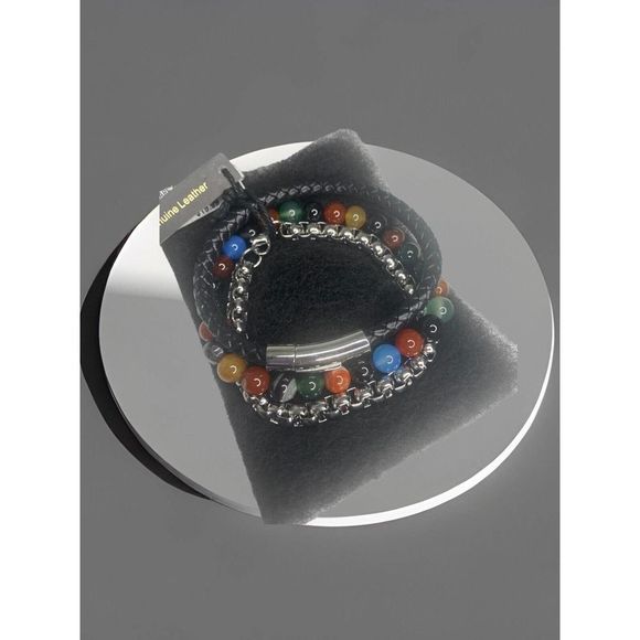 Anthony Jacobs Other - Anthony Jacobs 3-Piece Stainless Steel Leather & Multi Color Bead Bracelet NWT